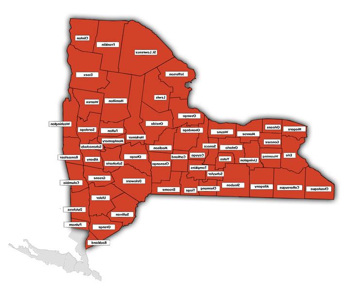 纽约州地图显示了纽约州推荐最近最火的赌博软件毒药中心服务的54个县